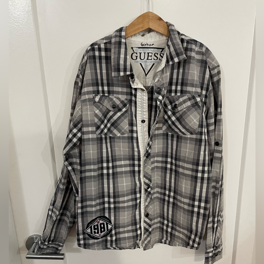 GUESS Boys Grey Plaid Button Up Cotton Lightweight Shirt 16/18